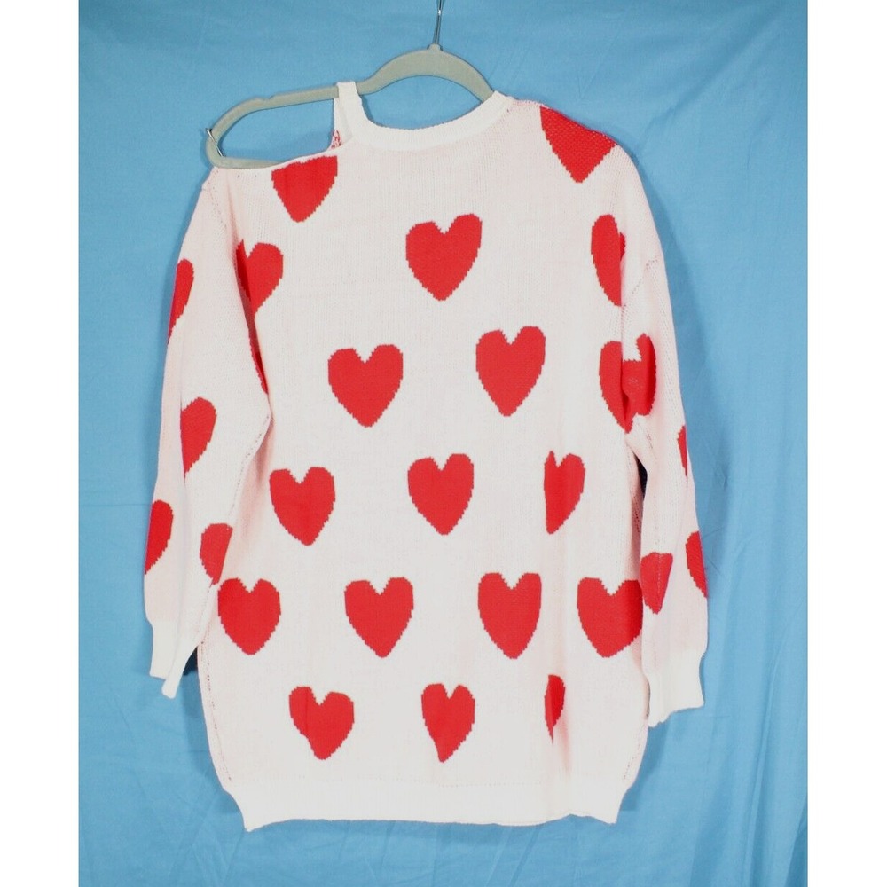 NWT BIBI Mid-Weight WHITE w/RED HEARTS Valentine COLD-SHOULDER Knit Sweater L - Picture 5 of 6